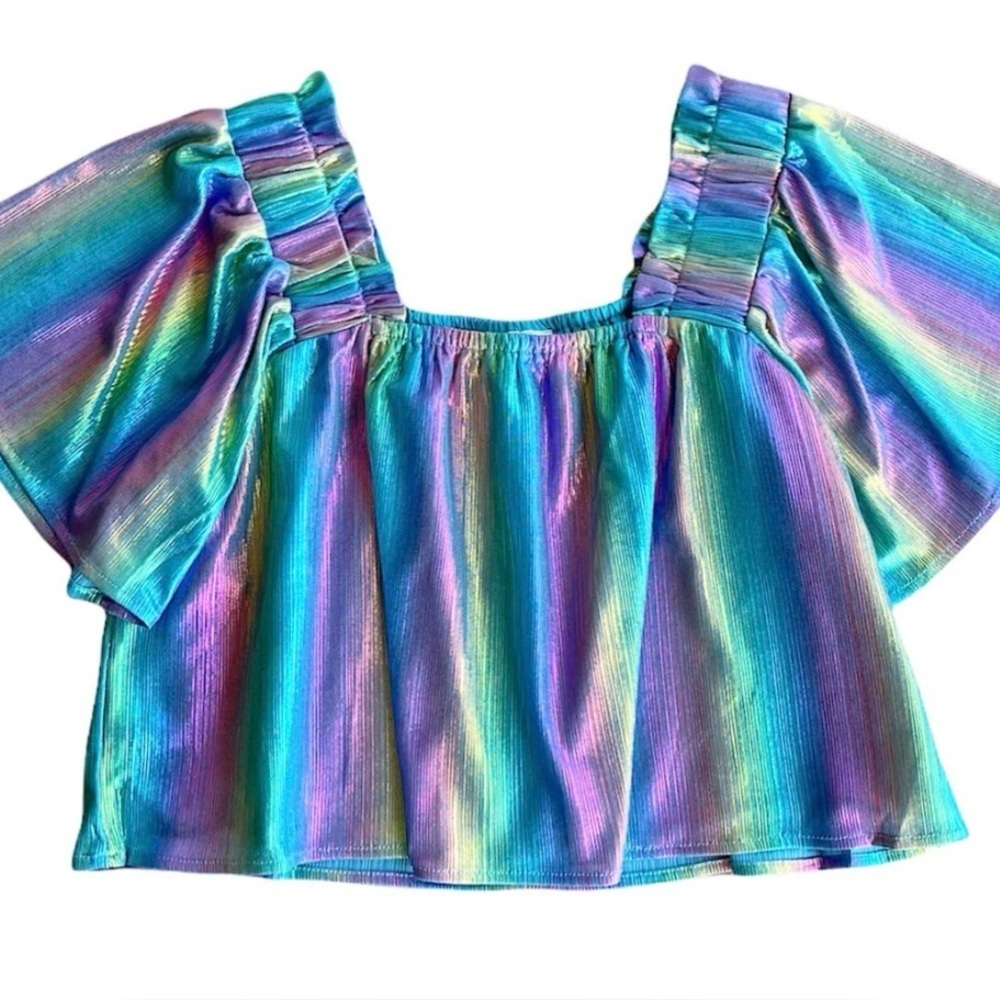 Queen of Sparkles metallic iridescent rainbow off the shoulder women’s small